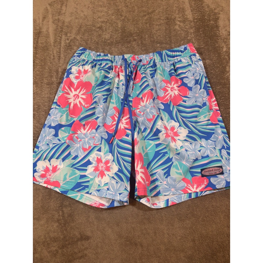 Vineyard Vines Mens Chappy Floral Hibiscus Swim Trunks Blue Pink Medium 7 Inseam